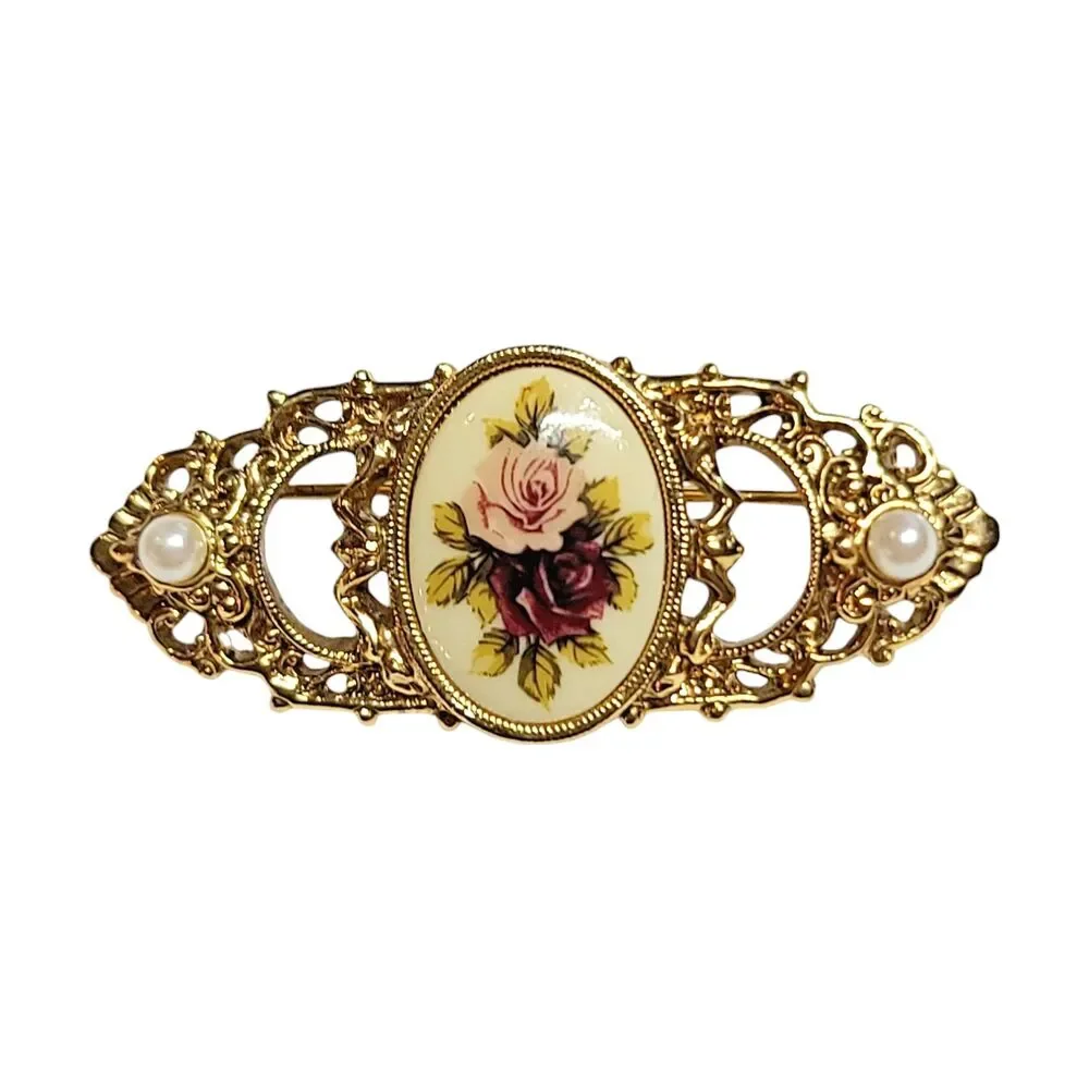 VTG 1928 Brand Painted Roses Faux Pearl Gold Tone Brooch Pin Victorian Revival